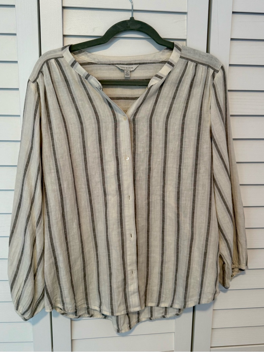 Lucky Brand Cream Gray Stripe Button-Down Blouse, Casual, Office, Cotton, Small